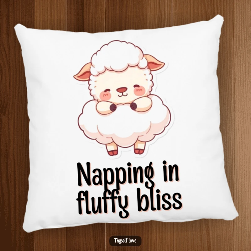 Funny Pillow: A happy sheep peacefully embraces a fluffy cloud, offering serene comfort and a touch of gentle humor.