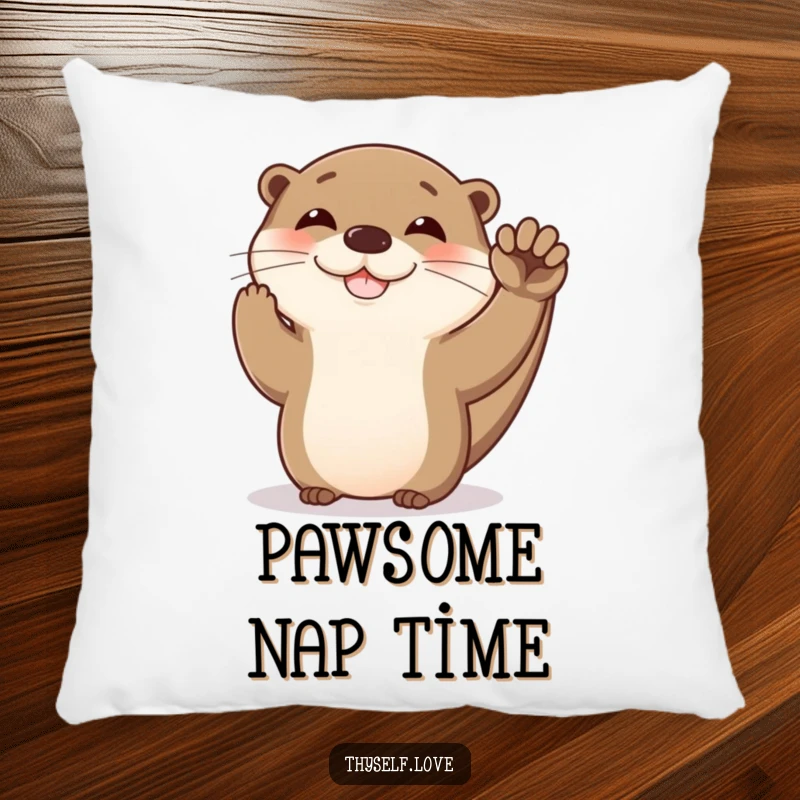 Funny otter pillow featuring a happy otter giving itself a high five, offering cozy comfort and delightful self-love humor.