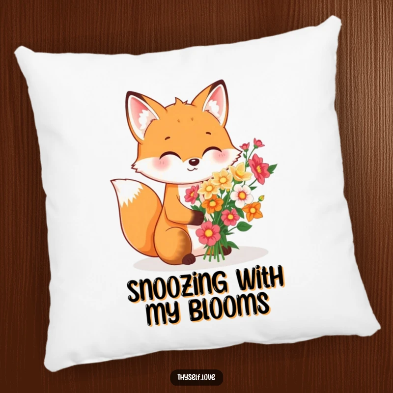 Funny Pillow: A soft pillow displaying a contented fox meticulously arranging a beautiful bouquet of flowers solely for its own delight.