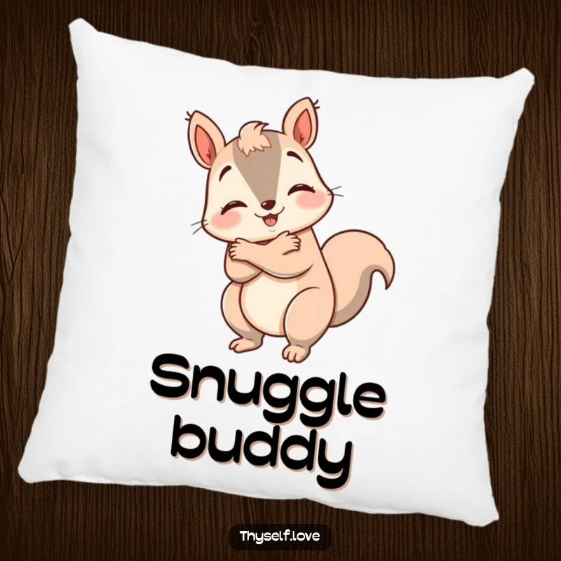 Funny happy squirrel pillow, giving itself a big hug, offering plush comfort and reinforcing self-love. A humorous decor item.