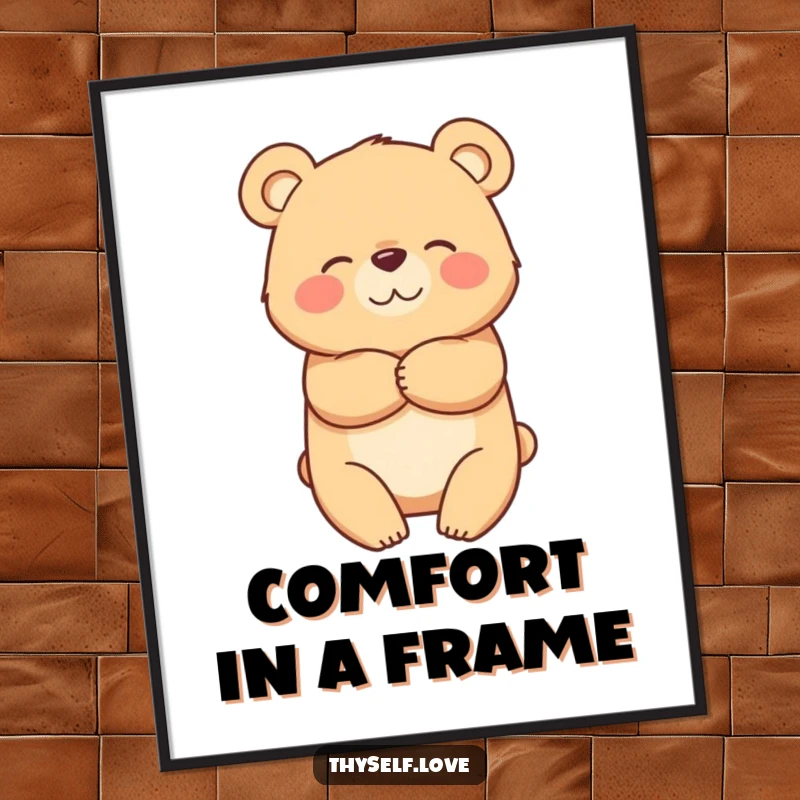 Funny digital art print of a bear giving itself a comforting hug, symbolizing self-care and happiness.