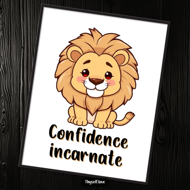 Funny digital art print, proud lion smoothing mane, majestic wall art, confident presence, regal decor, stunning funny gift.