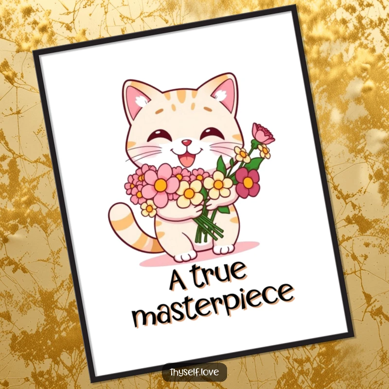 Funny cat digital art print of a smiling cat proudly holding a bouquet of flowers, radiating self-love and happiness.
