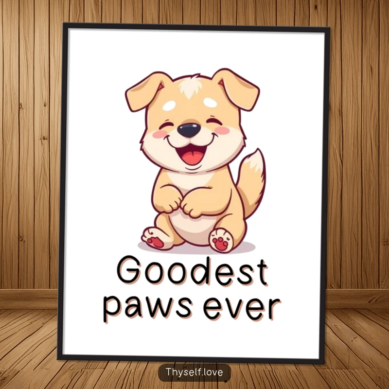 Funny digital art print of a content dog wagging its tail and admiring its paws, offering instant joy.