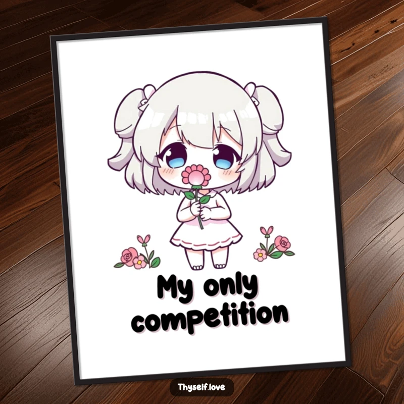 Funny Digital Art Print: Character presents a flower to its own silhouette, a humorous statement on personal validation.