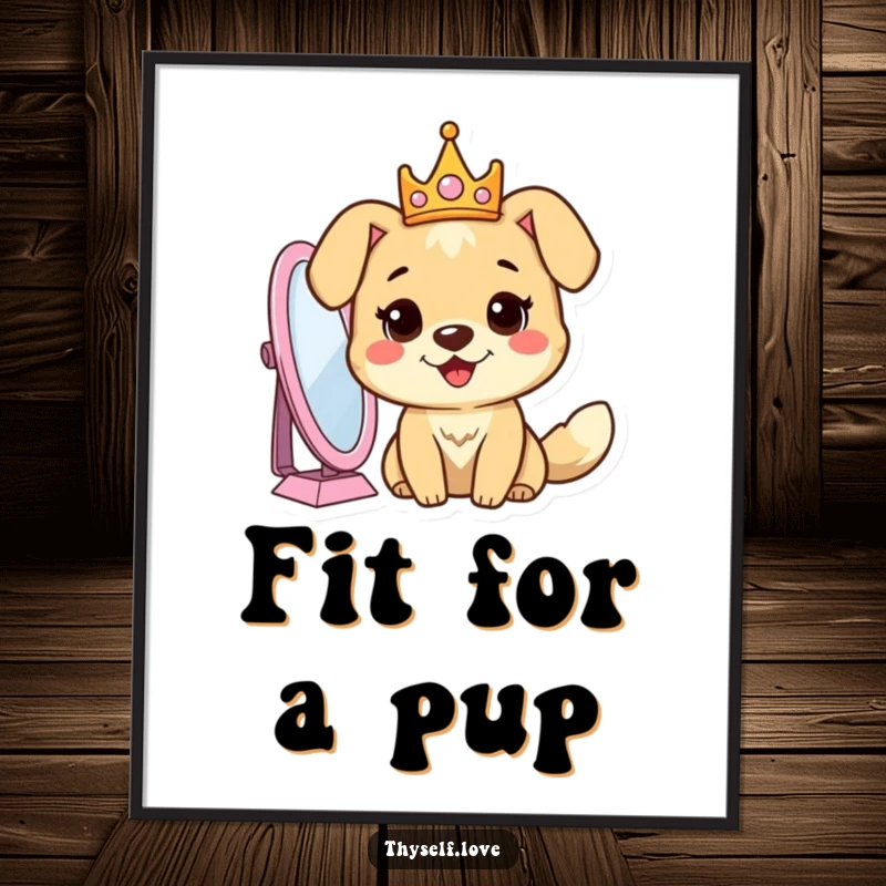 Funny dog digital art print of a cheerful dog wearing a crown, looking into a mirror, exuding royal confidence.