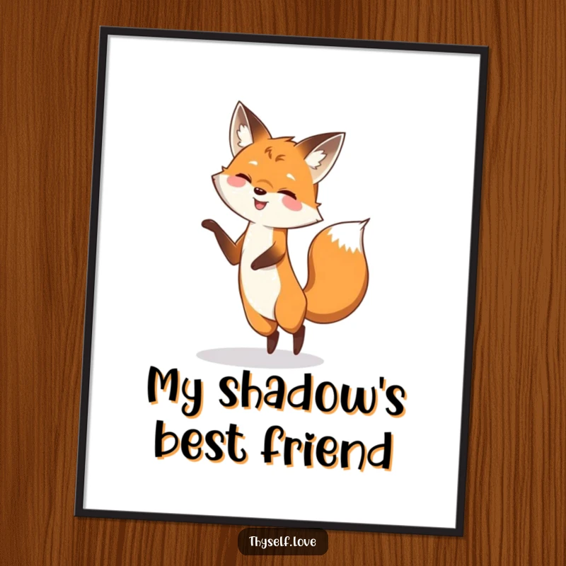 Funny digital art print of a smiling fox playfully dancing with its shadow, radiating pure joy, energy, and humorous fun.
