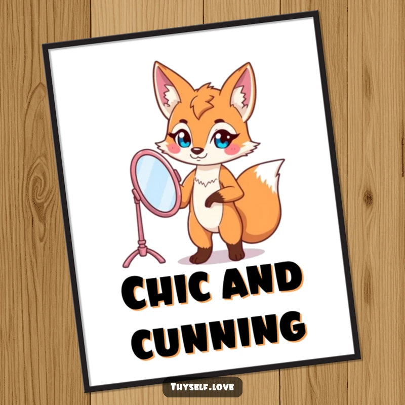 Funny fox digital art print of a confident fox character posing with a vanity mirror, exuding glamour and self-assuredness.