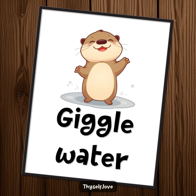 Funny digital art print of a giggling otter performing a happy dance by a puddle, offering instant cheer.