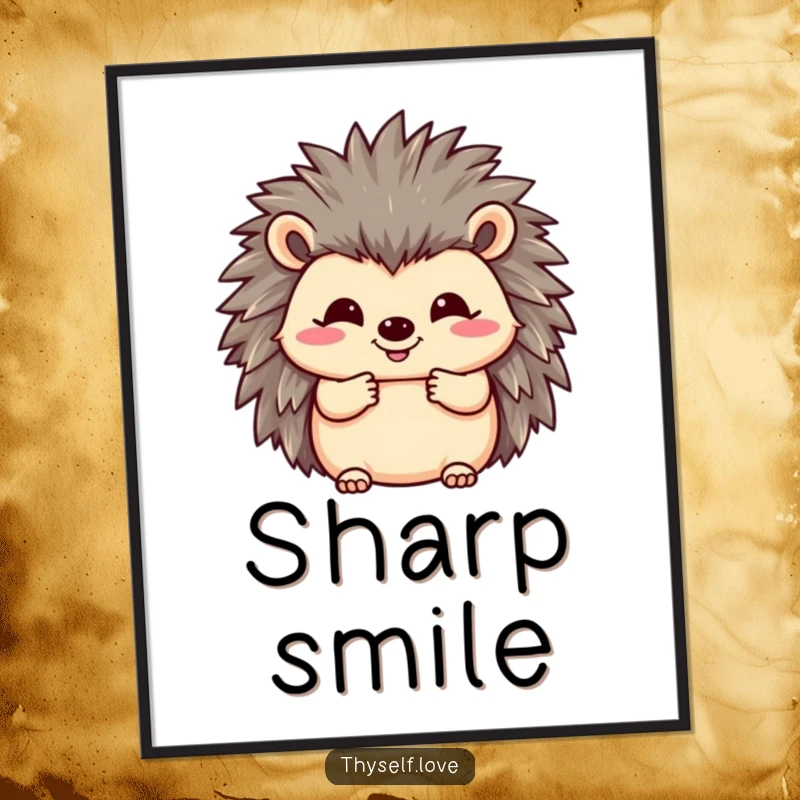 Funny digital art print of a happy hedgehog fluffing its quills with a smile, perfect for instant, humorous cute decor.
