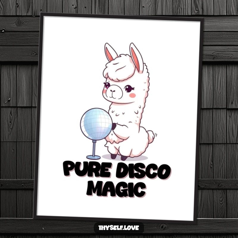 Funny llama digital art print of a cute llama admiring its reflection in a glittering disco ball, perfect for vibrant decor.