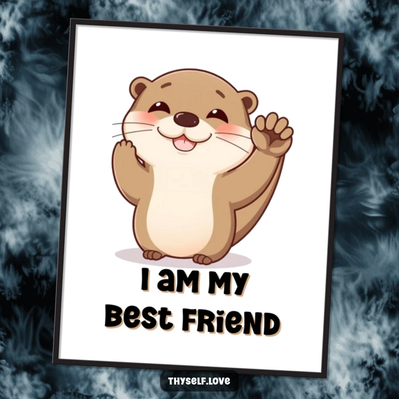 Funny otter digital art print of a happy otter giving itself a high five, adding playful self-celebration and humor to any room.