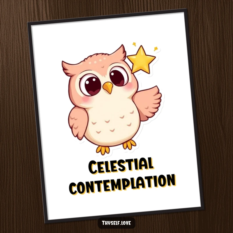 Funny digital art print of a joyful owl with wide eyes, looking lovingly at a single, brilliant sparkling star in the night.