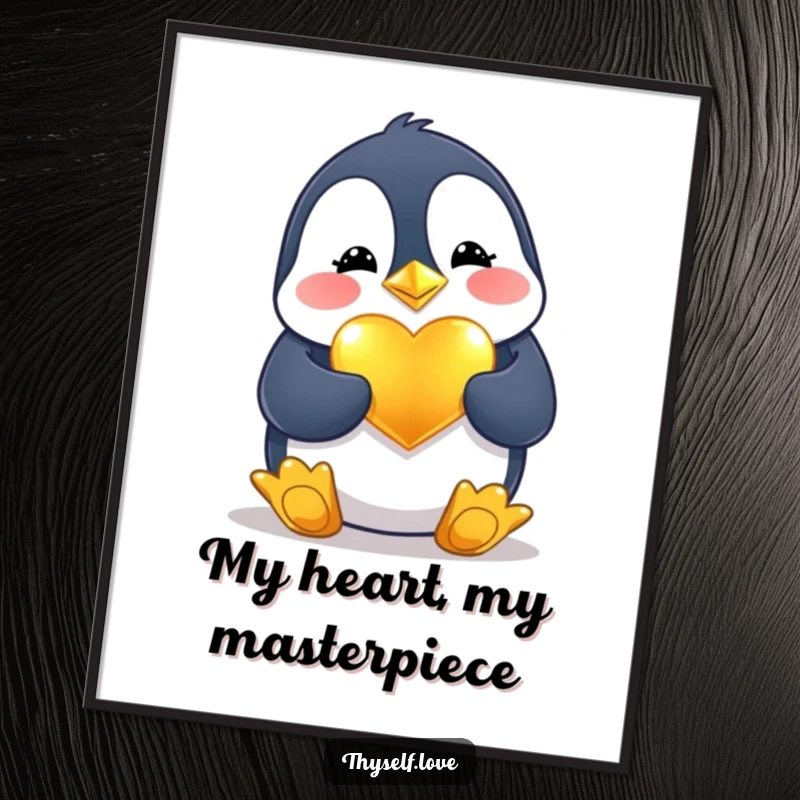 Funny Digital Art: A cheerful penguin polishing a shiny golden heart, offering instant charm and romantic humor.
