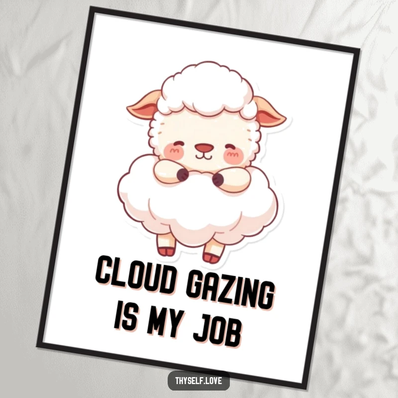 Funny Digital Art: A happy sheep peacefully embracing a fluffy cloud, offering instant serenity and gentle humor.