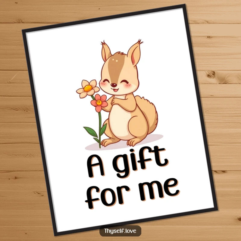 Funny digital art print of a squirrel offering a flower to its reflection, ready for instant download.