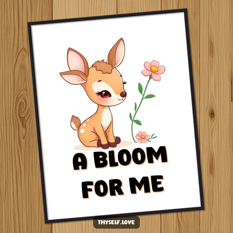 Funny digital art print of a winking deer holding a flower, offering instant woodland charm and humor.