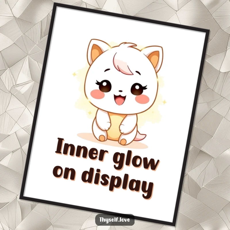 Funny Digital Art Print: A beaming character glows with gentle warmth, symbolizing happiness and inner light humorously.