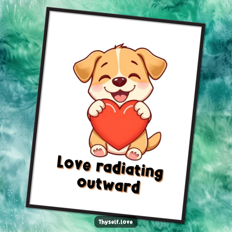 Funny digital art print of a delighted dog embracing a heart, radiating pure warmth, contentment, and unconditional love.
