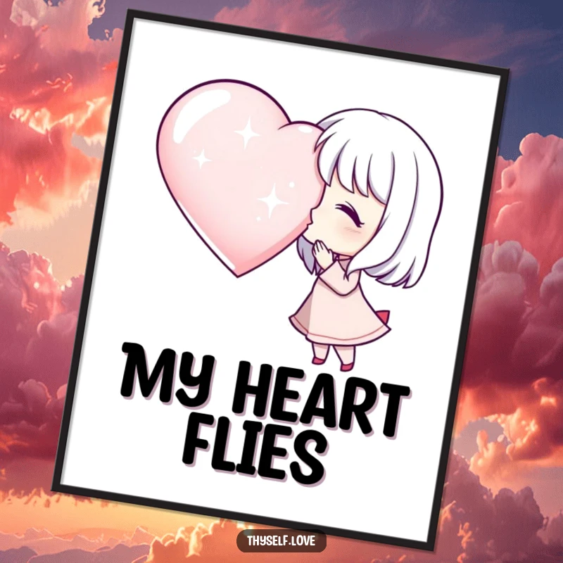 Funny Digital Art Print: Character blowing a kiss towards a large, sparkling heart, a humorous and heartfelt artistic expression.