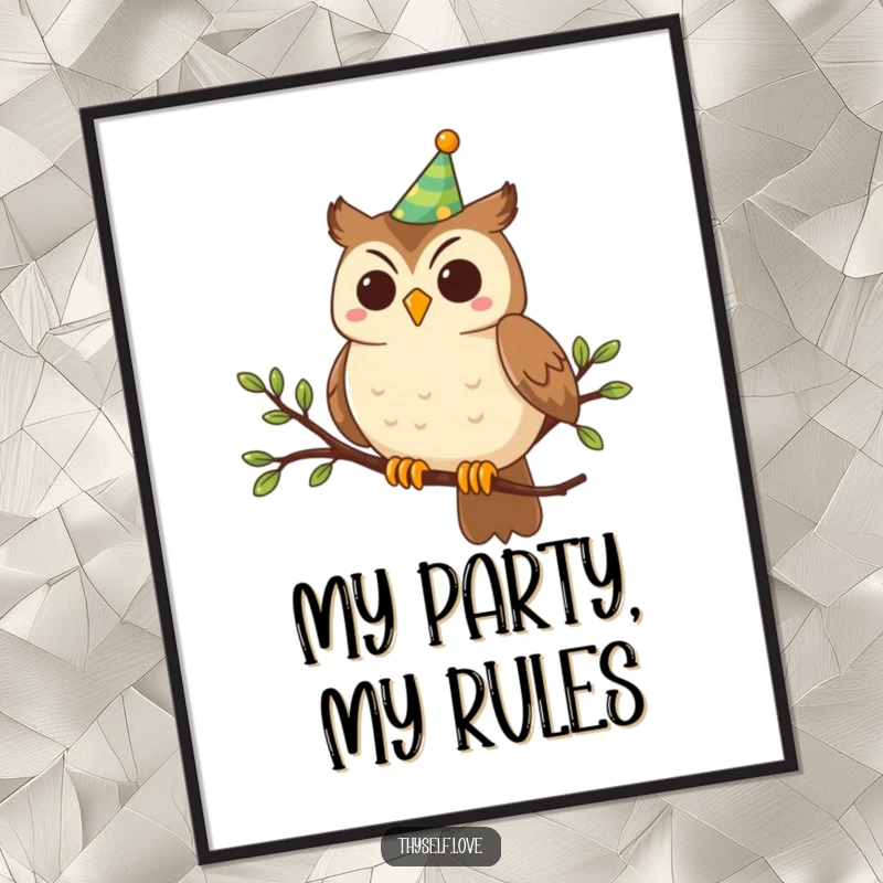 Funny Digital Art: A smiling owl wearing a party hat perched on a branch, offering instant festive cheer and humor.