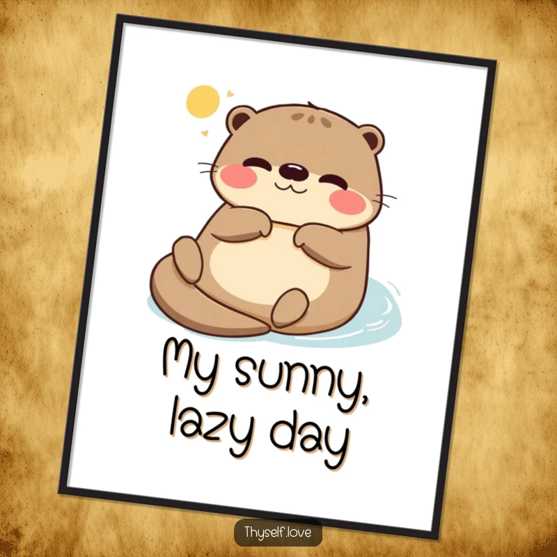 Funny digital art print of a serene otter floating on its back, bathed in warm sunlight, capturing a moment of pure, humorous relaxation.