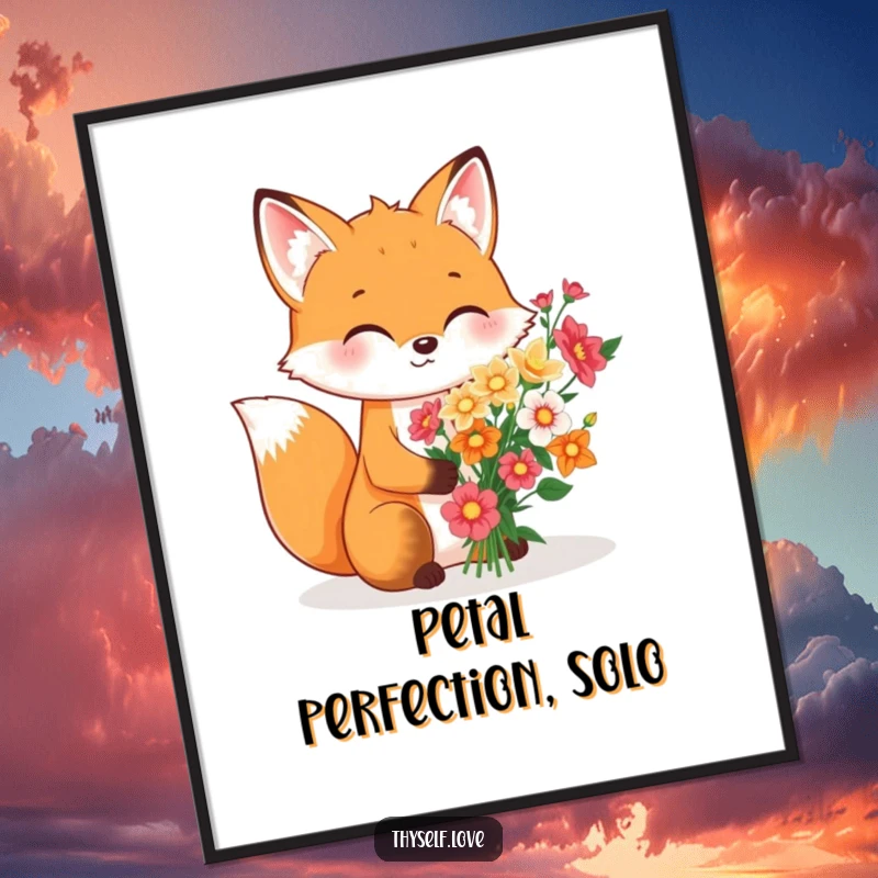 Funny Digital Art: A cheerful fox busy arranging a beautiful bouquet of flowers intended only for its own enjoyment, ready to download.