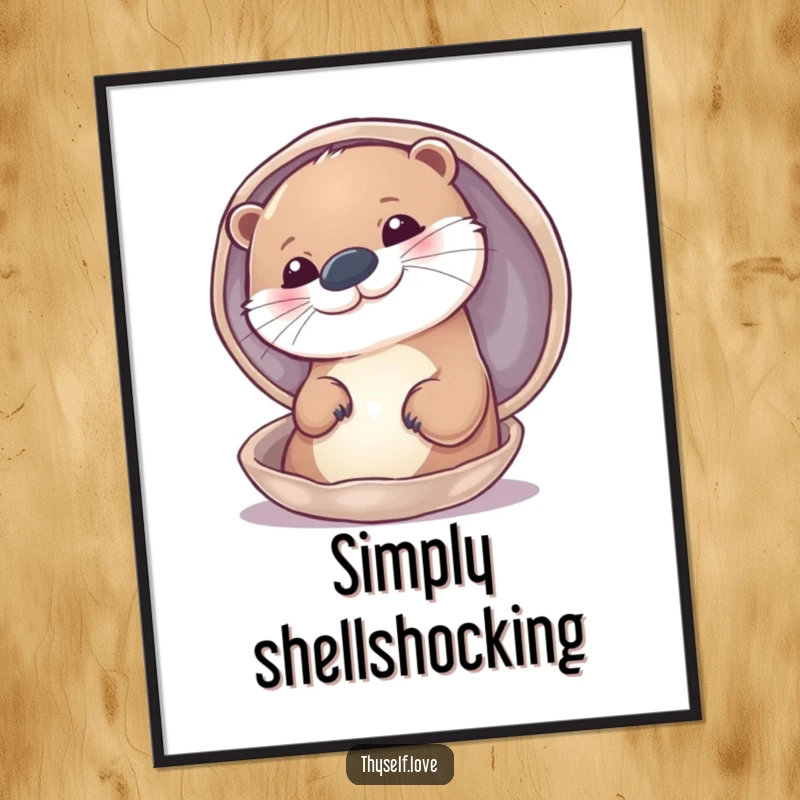 Funny digital art print of a smiling otter admiring its reflection in a polished shell, conveying joy and self-appreciation.