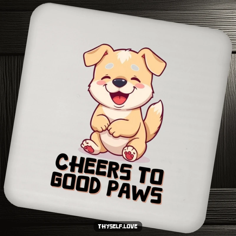 Funny drink coasters (set of 4) with a content dog wagging its tail and looking at its paws, adding charm.