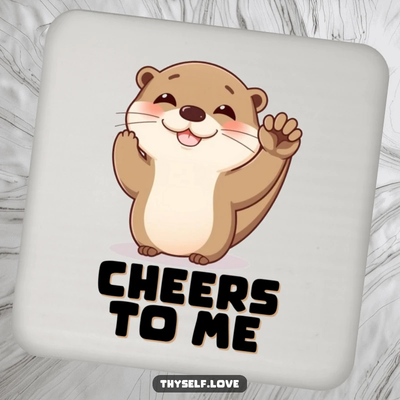 Funny otter coaster showing a happy otter giving itself a high five, perfect for protecting surfaces with playful, celebratory humor.