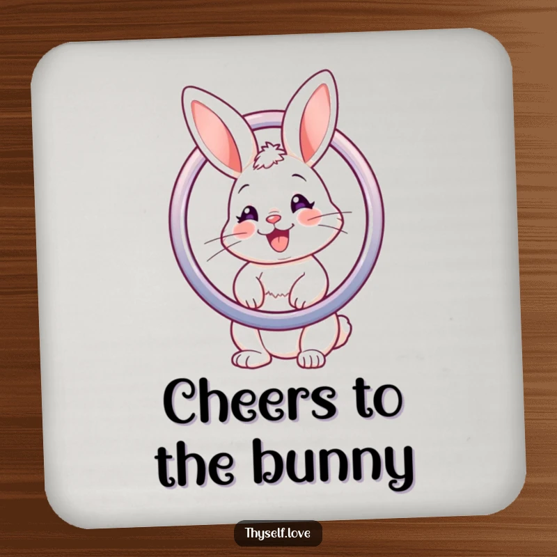 Funny drink coaster featuring a bunny admiring its reflection in a mirror, protecting surfaces with style.