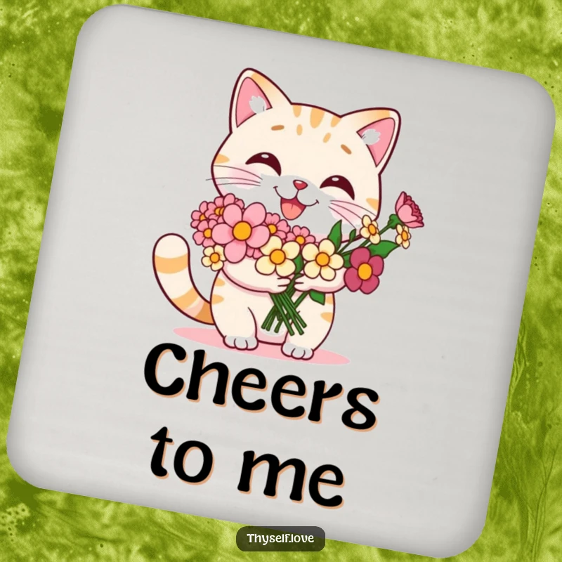 Funny cat coaster featuring a smiling cat proudly holding a bouquet of flowers, adding a touch of elegance and humor.