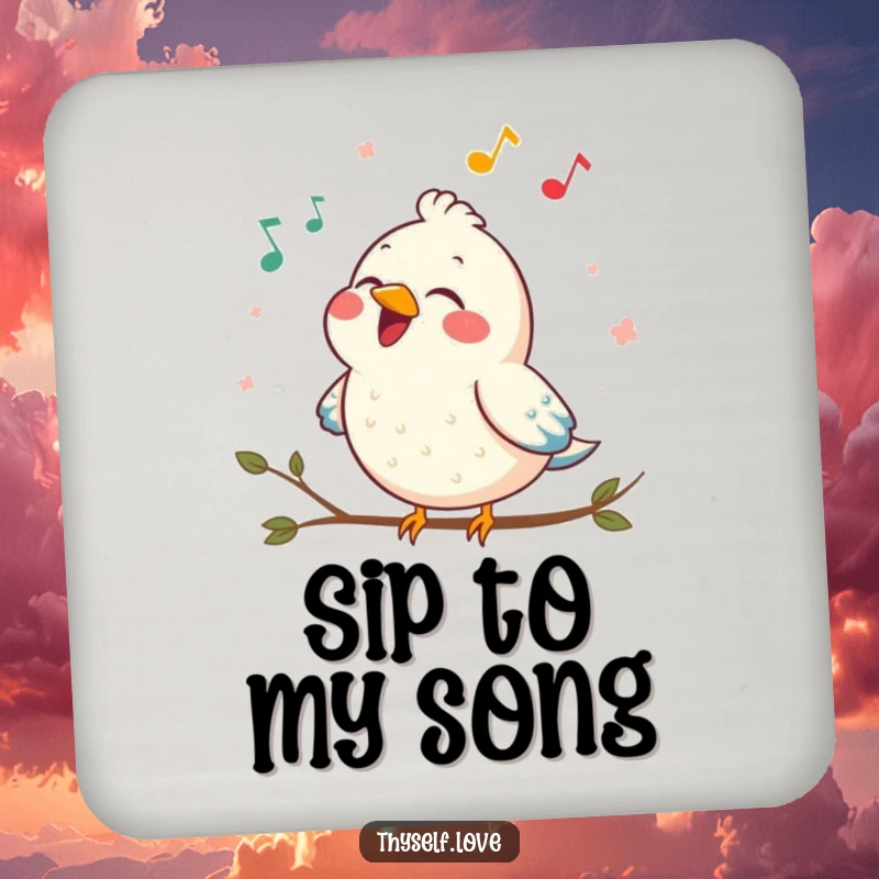 Funny drink coaster with a contented bird singing a joyful song, protecting surfaces with artistic humor and cheer.