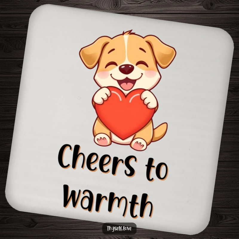 Funny drink coaster depicting a delighted dog hugging a heart, radiating warmth and love, perfect for any table.