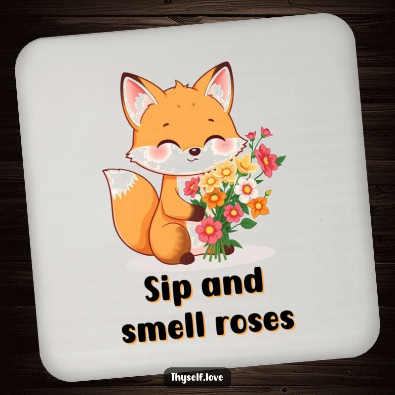 Funny Coaster: A fox meticulously arranging a beautiful bouquet of flowers solely for its own pleasure, shown on a coaster for tabletop charm.