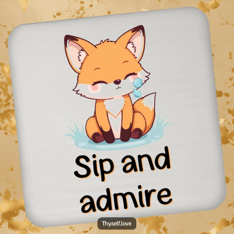 Funny fox coaster showing a cheerful fox admiring its reflection in a sparkling dewdrop, perfect for protecting surfaces with woodland whimsy.