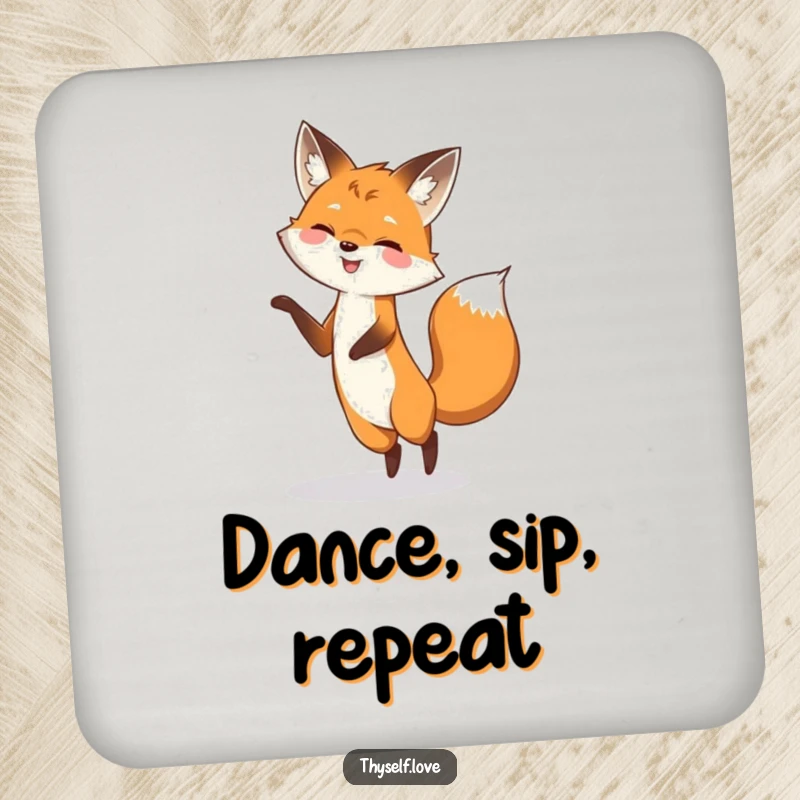Funny drink coaster featuring a smiling fox playfully dancing with its shadow, adding a touch of whimsical protection.