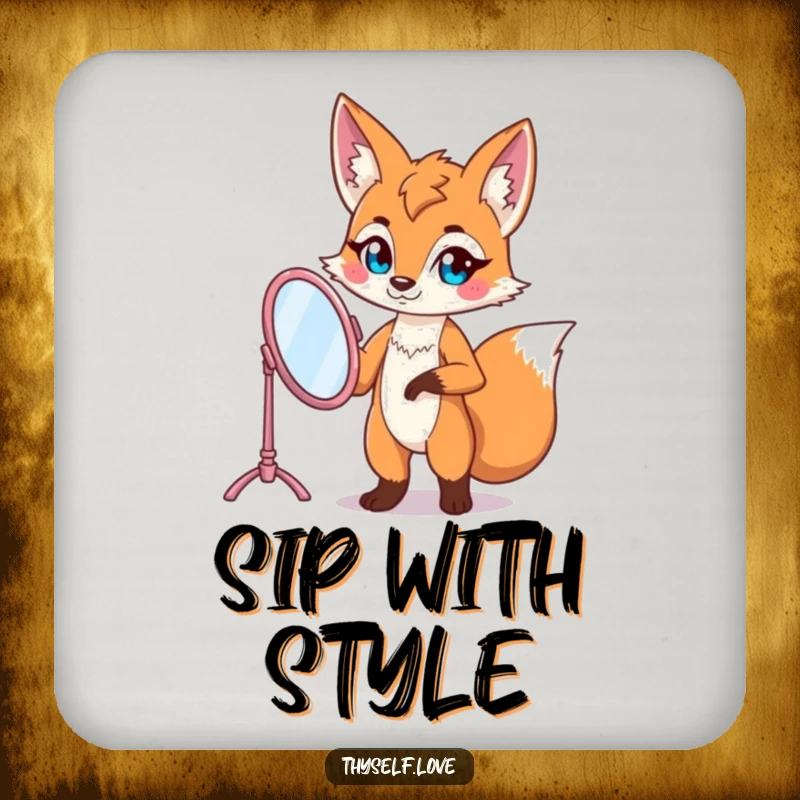 Funny fox coaster with a confident fox character posing with a vanity mirror, adding sassy charm and humor.