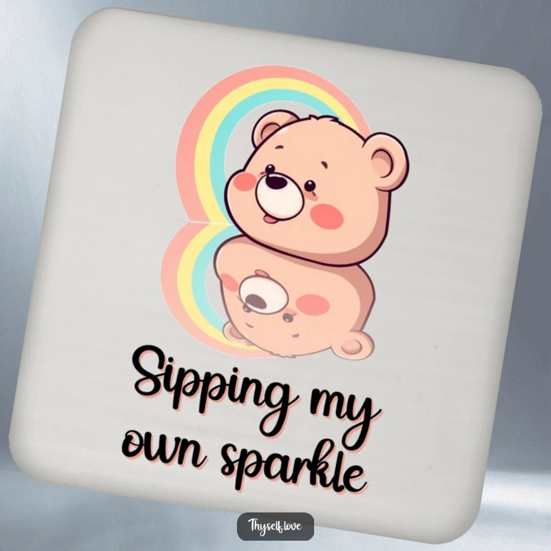 Funny Coaster: A bear's joyful reflection includes a vibrant rainbow, depicted on a coaster designed to add humor to any table setting.