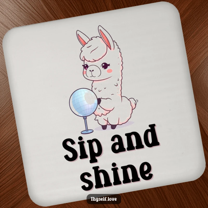 Funny llama coaster featuring a cute llama admiring its reflection in a shiny disco ball, adding sparkle to any surface.