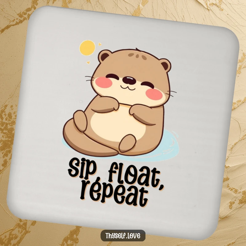 Funny drink coaster featuring a blissful otter floating on its back, basking in the sun, protecting surfaces with relaxed charm.