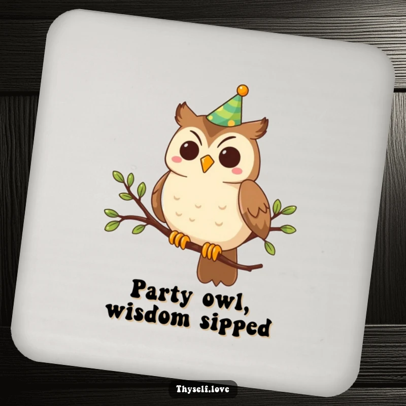 Funny Coasters: A smiling owl in a party hat is ready to guard your drinks with festive humor and style.