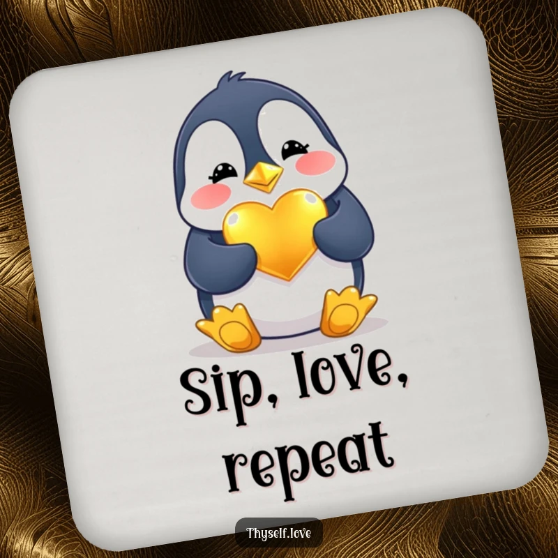 Funny Coasters: A happy penguin polishes a golden heart, adding a touch of love and humor to your table setting.