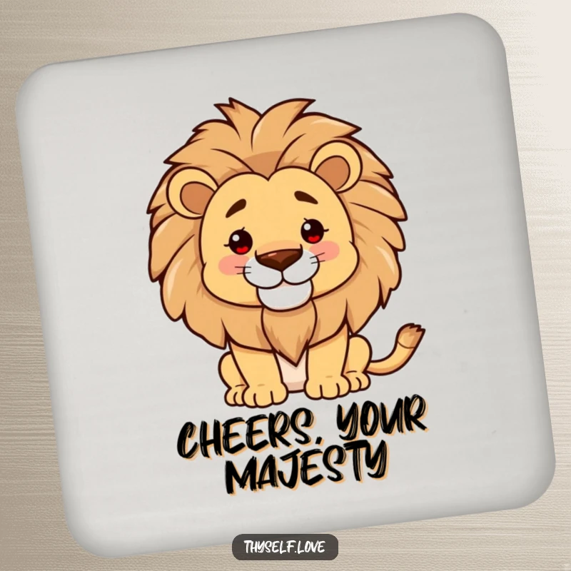 Funny drink coaster, proud lion smoothing mane, confident decor, protecting surfaces, regal ambiance, thoughtful funny gift.