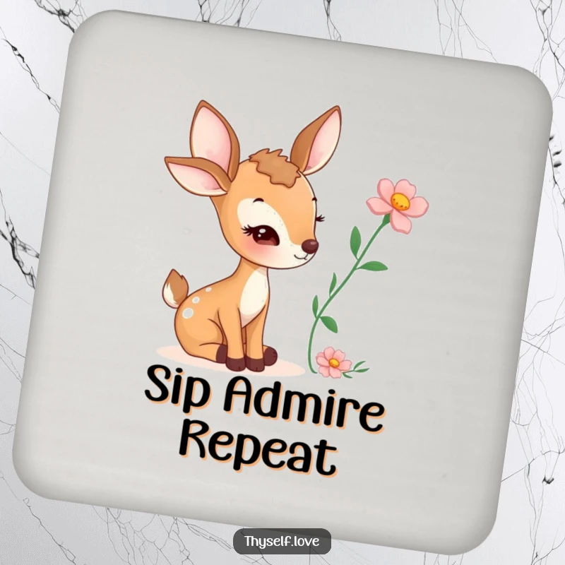 Funny drink coasters (set of 4) with a winking deer and flower design, protecting furniture with woodland charm.