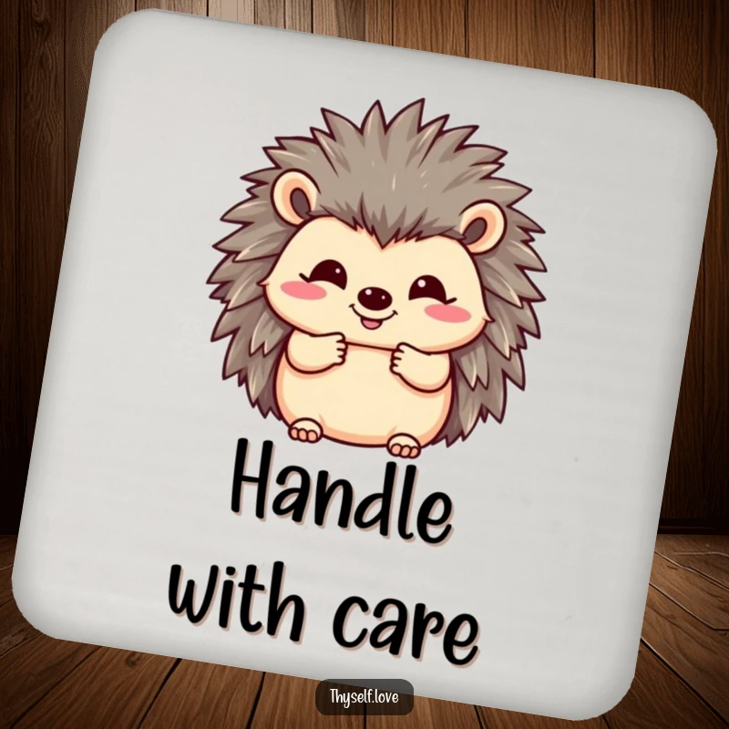 Funny drink coaster with a happy hedgehog fluffing its quills with a smile, protecting surfaces with cute hedgehog humor.