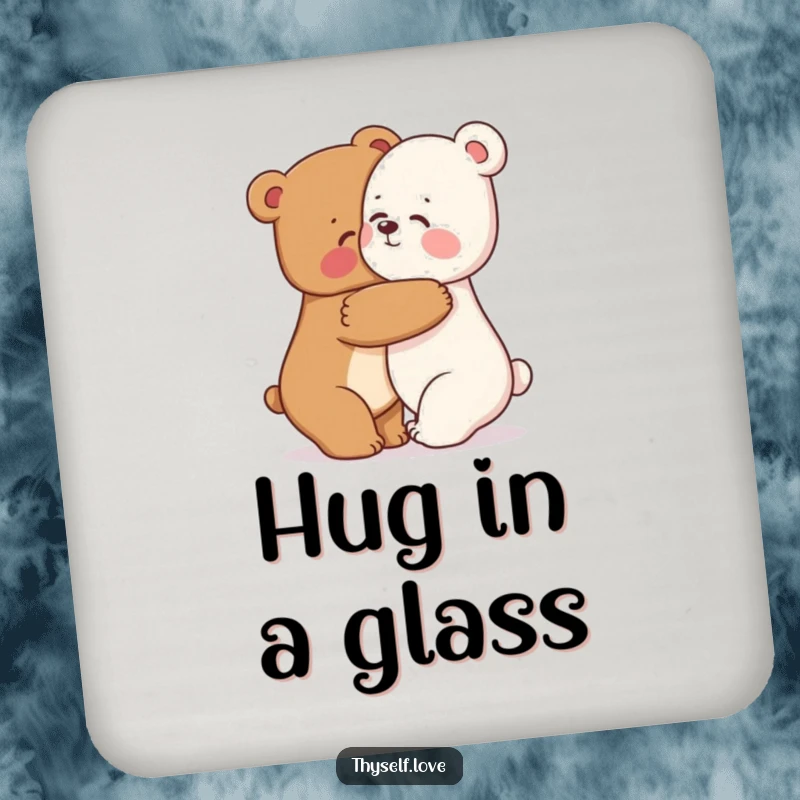 Funny bear coaster featuring a happy bear character giving a warm hug to its reflection, adding comfort and humor.