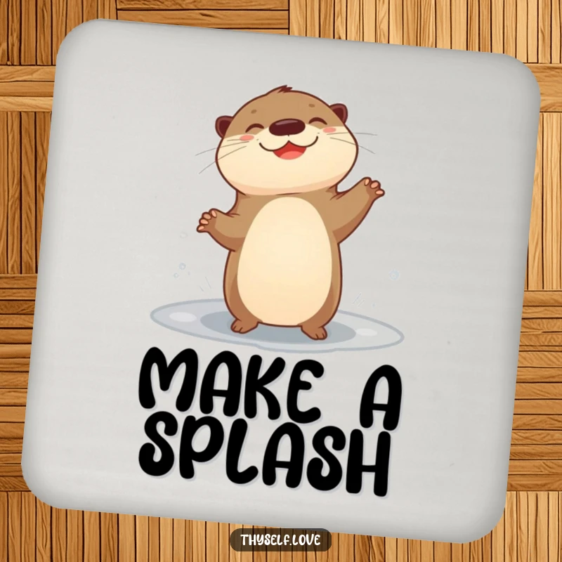 Funny drink coasters (set of 4) with a giggling otter dancing by a puddle, adding cheerful protection.