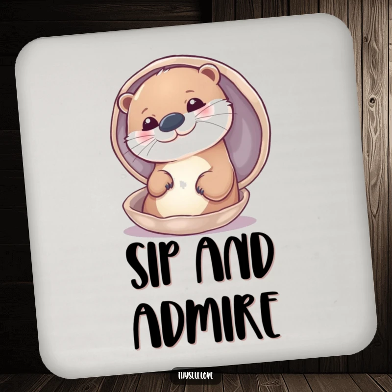 Funny drink coaster with a smiling otter admiring its reflection in a shiny shell, adding humor to any surface.