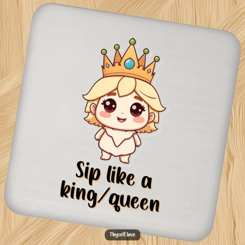Funny Drink Coaster: A crowned character smiles assuredly, a humorous and protective guardian for your beverages.